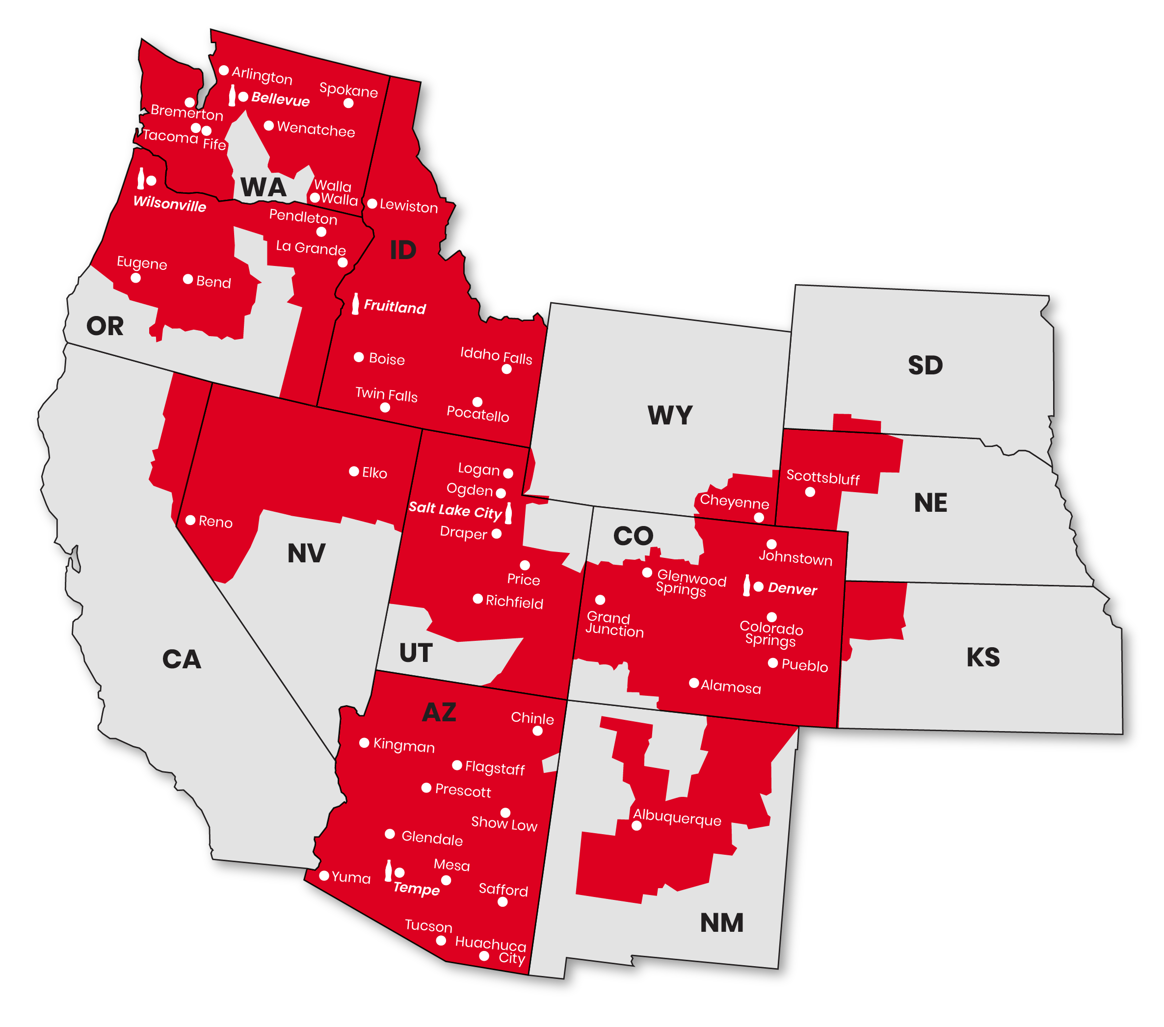 Map of the Western United States highlighting Swire Coca-Cola's service areas in red. States highlighted include Washington, Oregon, Idaho, Nevada, Utah, Arizona, Colorado, New Mexico, and parts of Nebraska. Key cities and regions such as Seattle, Portland, Boise, Reno, Salt Lake City, Denver, Albuquerque, and Phoenix are marked within these highlighted areas.