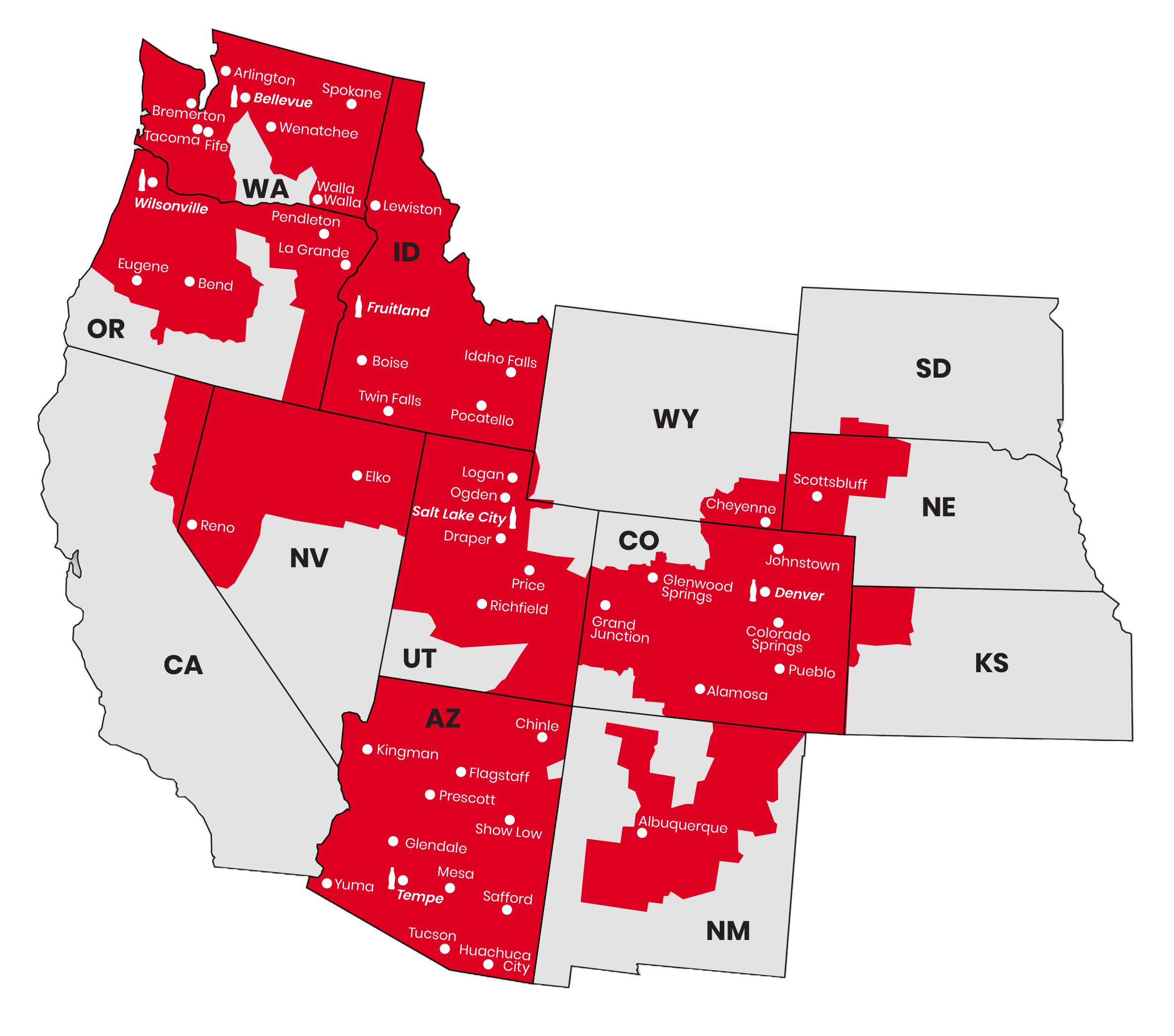 Map showing Swire Coca-Cola USA's service areas across the American West, highlighting states in red.
