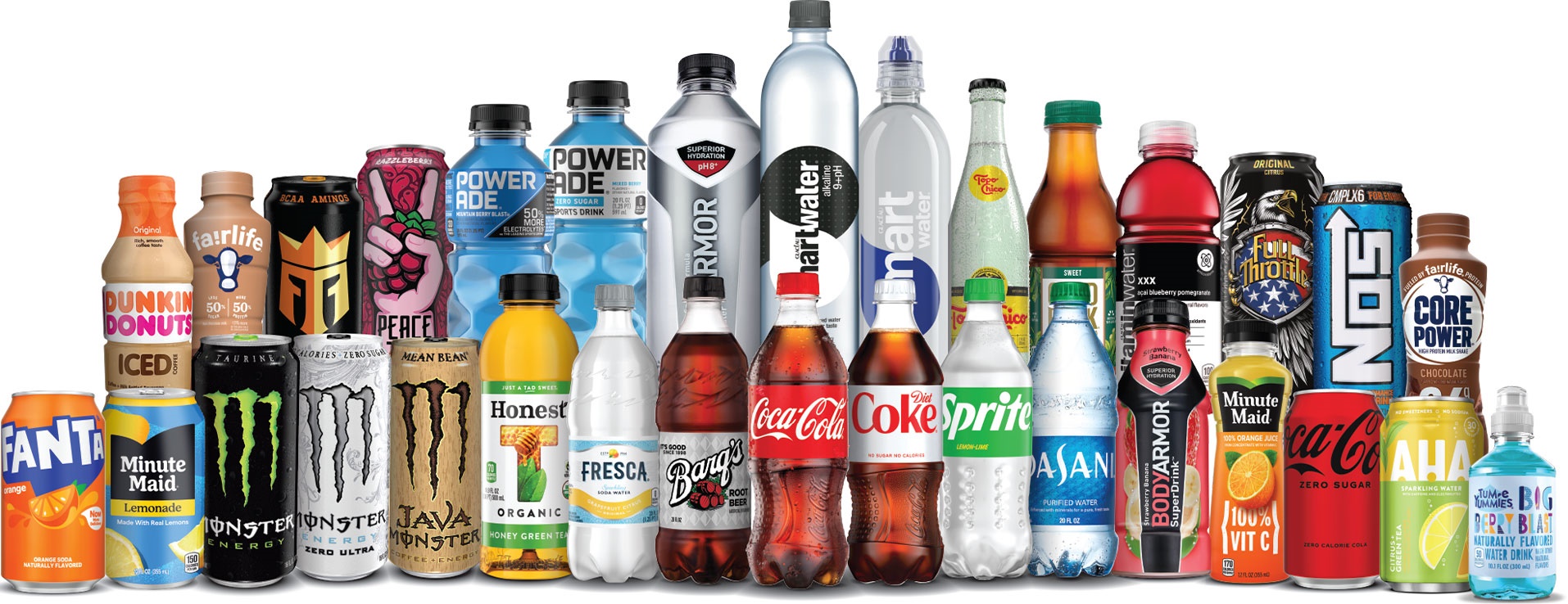 A lineup of beverage products offered by Swire Coca-Cola USA, featuring a variety of brands and flavors.