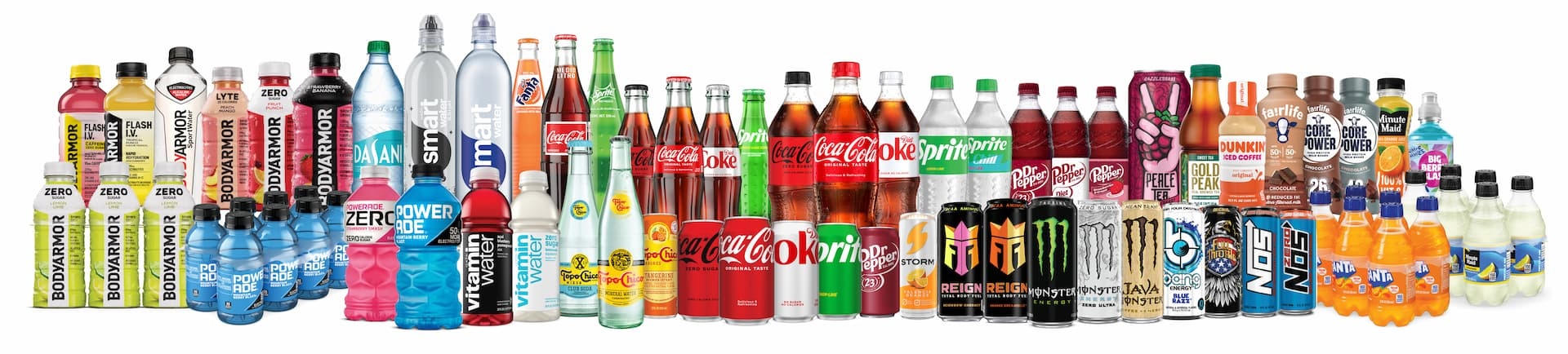 A lineup of beverage products offered by Swire Coca-Cola USA, featuring a variety of brands and flavors.