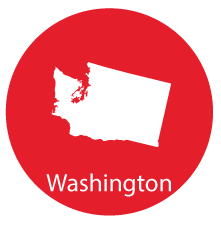 Icon of the state of Washington within a red circle. The outline of Washington is in white, with the word 'Washington' below it.