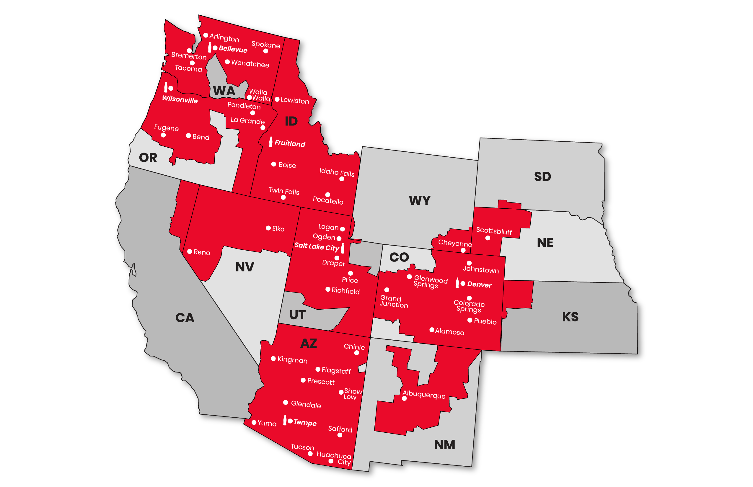 Map showing Swire Coca-Cola USA's service areas across the American West, highlighting states in red.